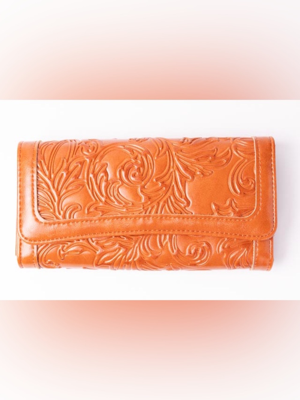 MEITRUE Tan Brown Leather Embossed Floral Trifold Wallet RFID Blocking Clutch - Picture 3 of 4
